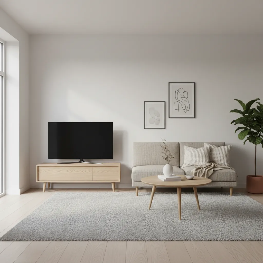 Scandinavian wood TV stand with tapered legs in living room