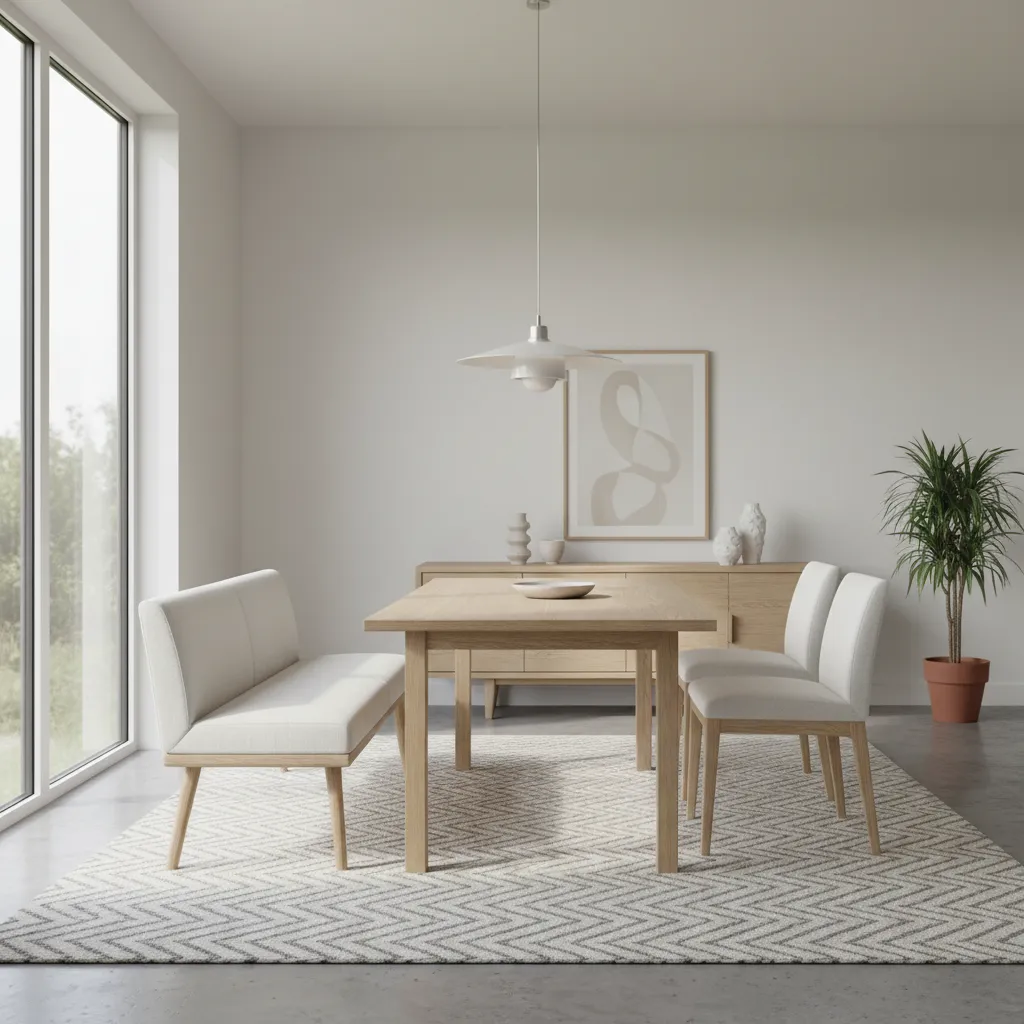Scandinavian dining room with white upholstered dining bench and light wood table