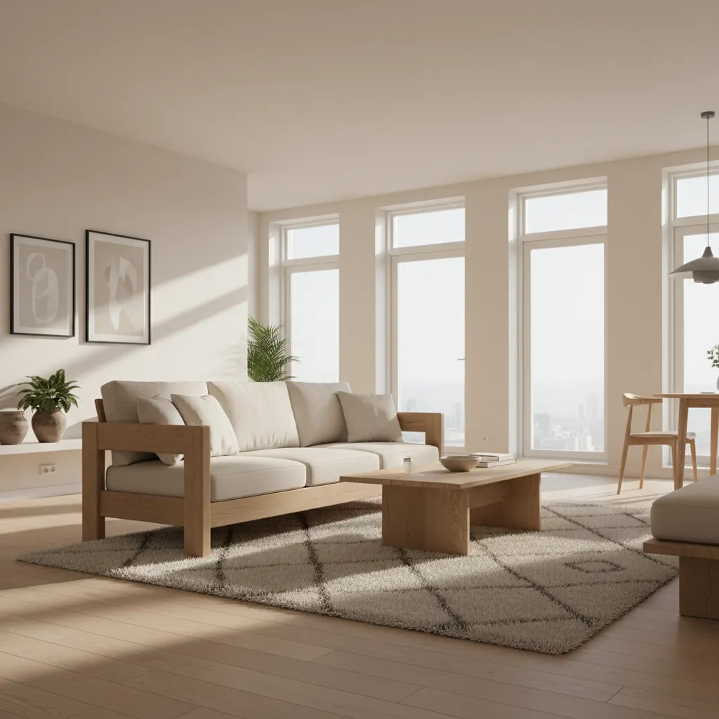 Scandinavian living room with wooden sofa, patterned rug, coffee table, tall windows, and dining area