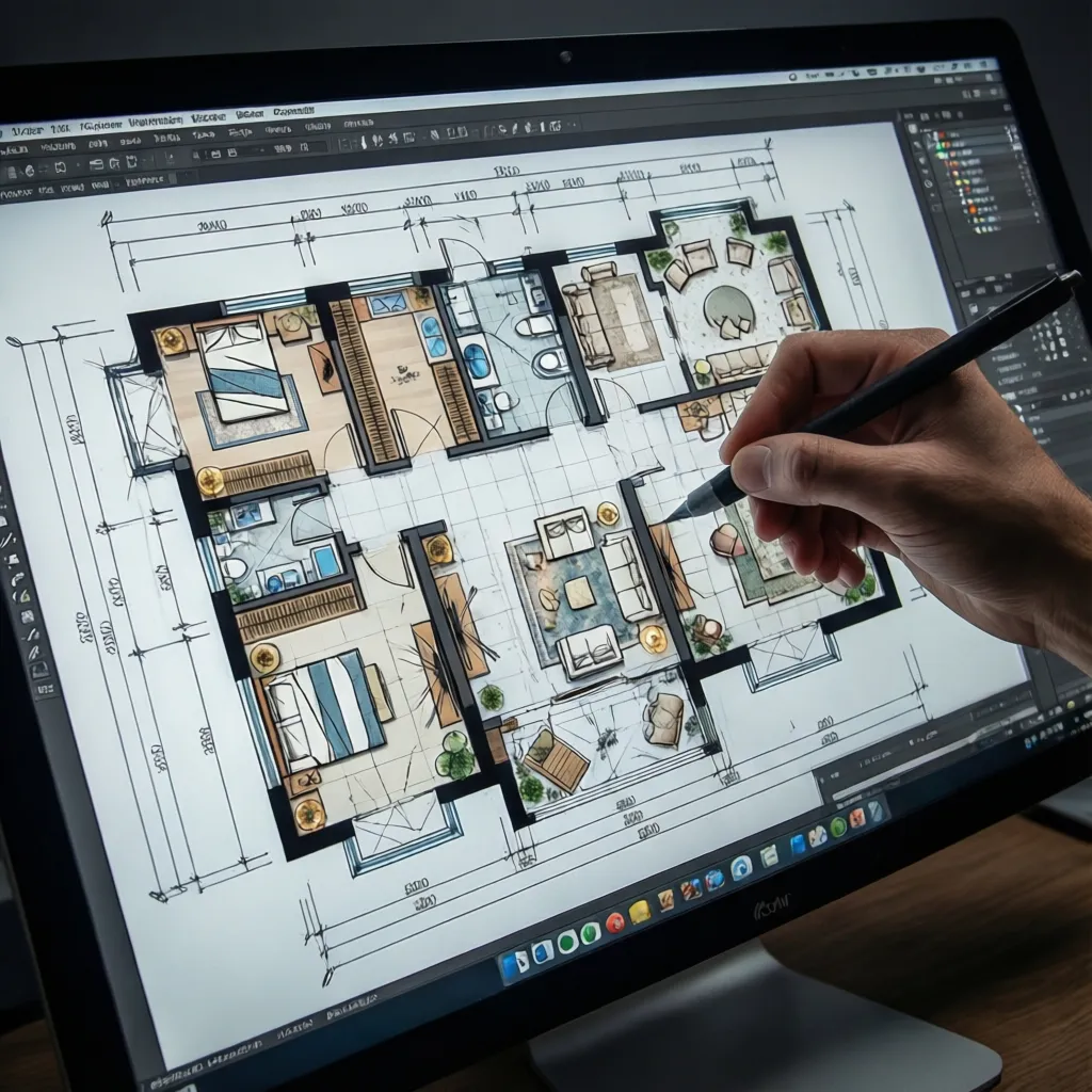 Person using a digital pen to edit colorful apartment room layout on a computer monitor screen