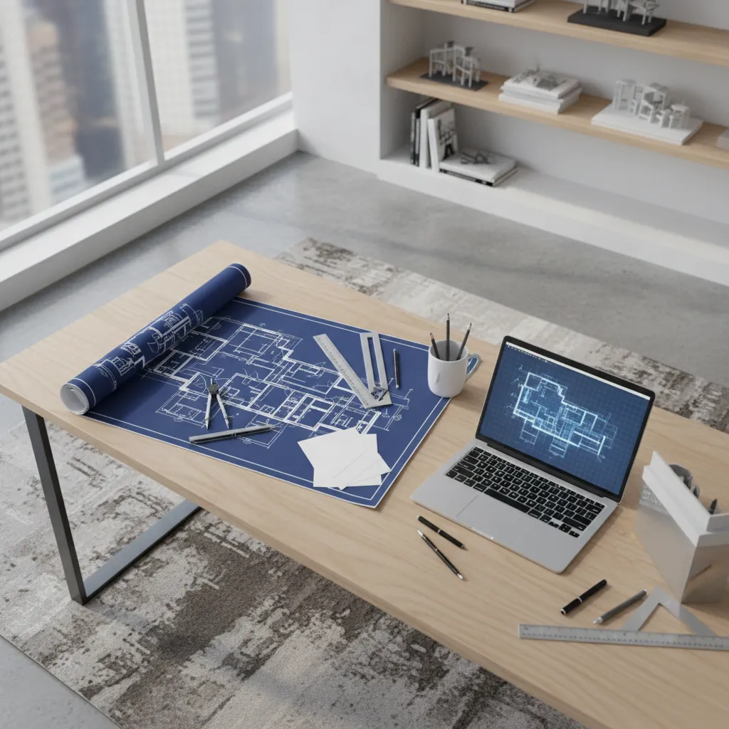 Architect working with a scanned blueprint while preparing to convert it into a digital 2D floor plan