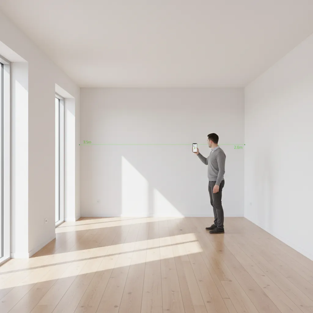 person slowly scanning room walls with phone measurement app