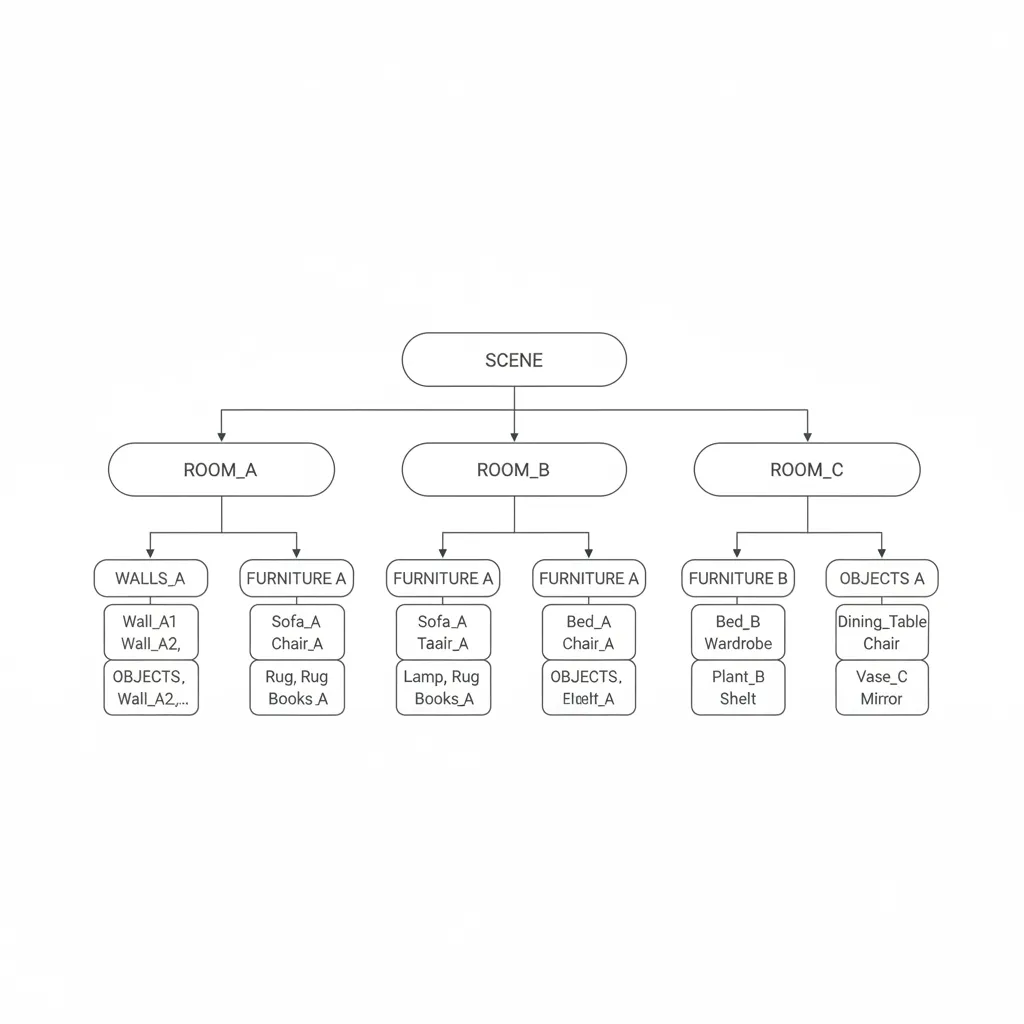 Diagram showing scene graph hierarchy for rooms walls and furniture