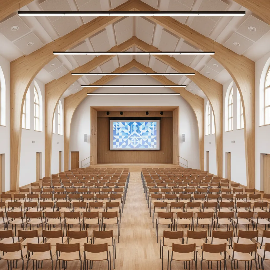 Large school assembly hall with stage and seating area