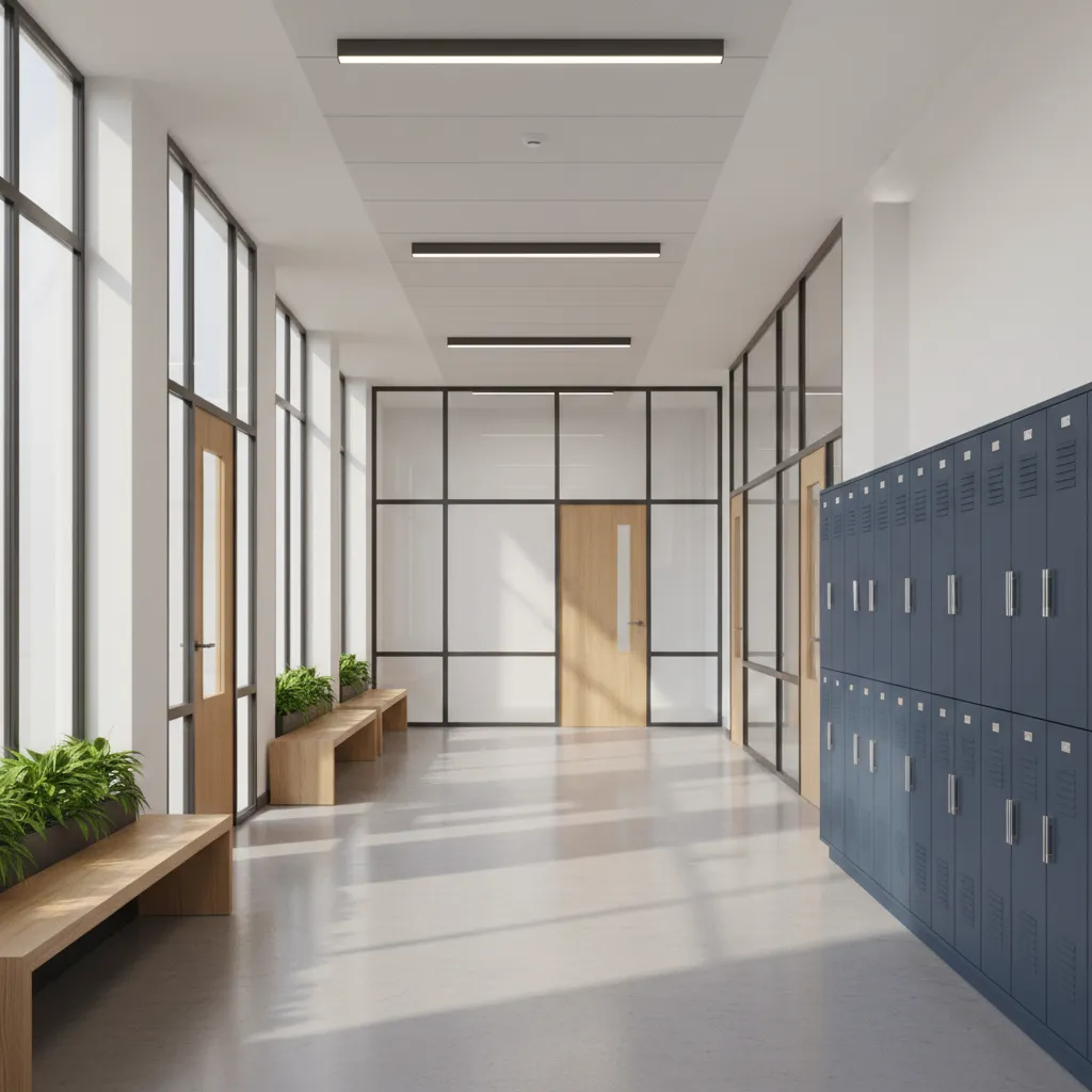 modern school corridor with classrooms arranged along a central hallway