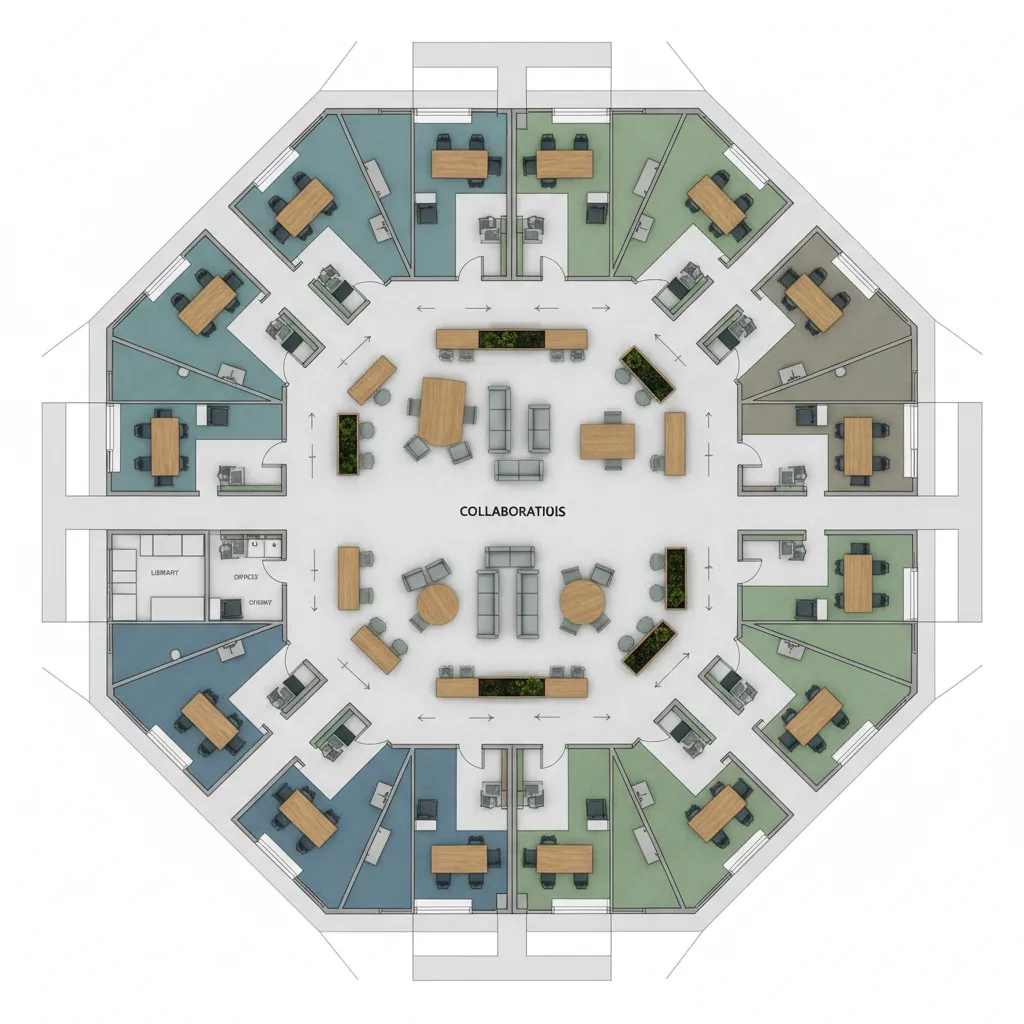 school classroom cluster layout diagram showing grouped academic departments
