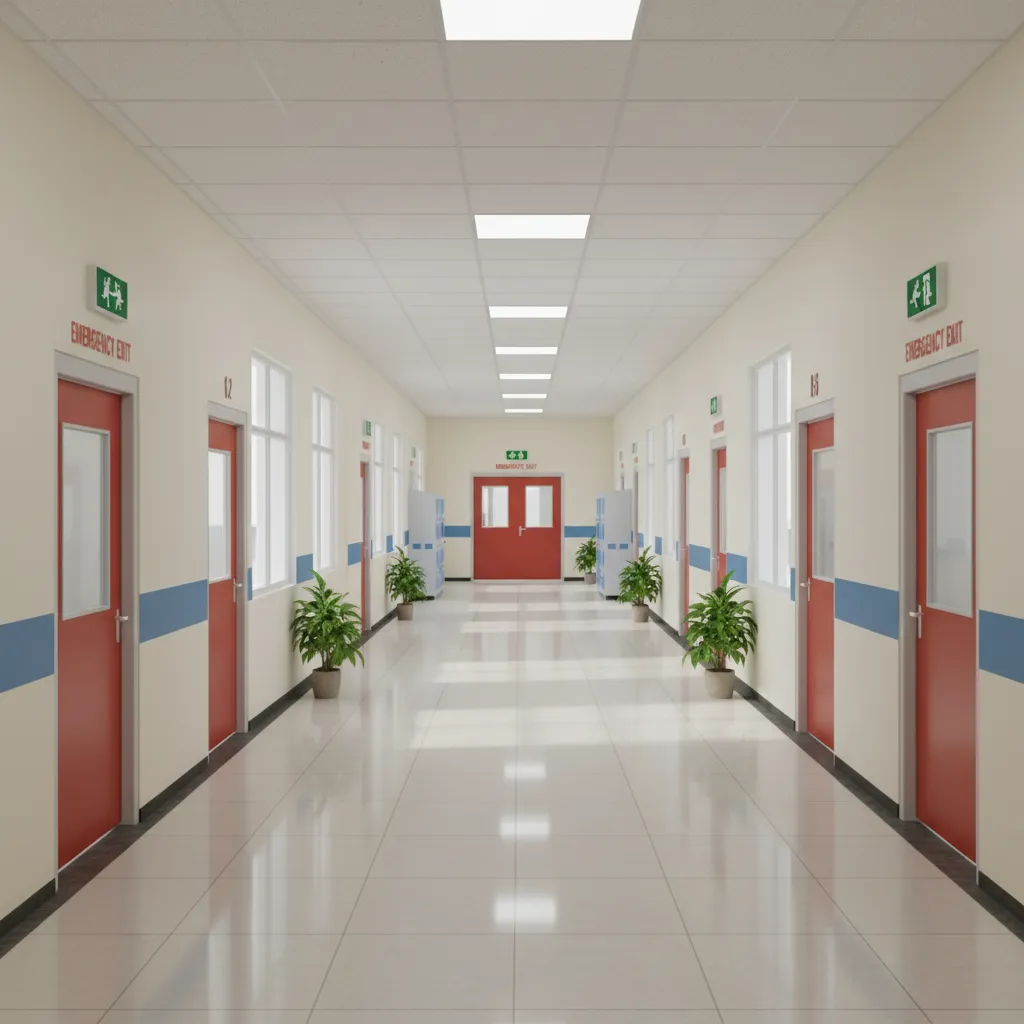 school hallway with visible emergency exit doors and wide corridor layout