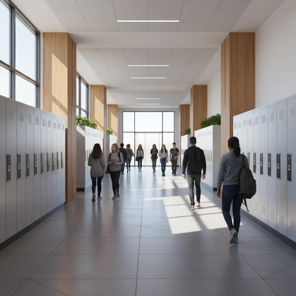 Students walking through wide school corridors designed for efficient movement