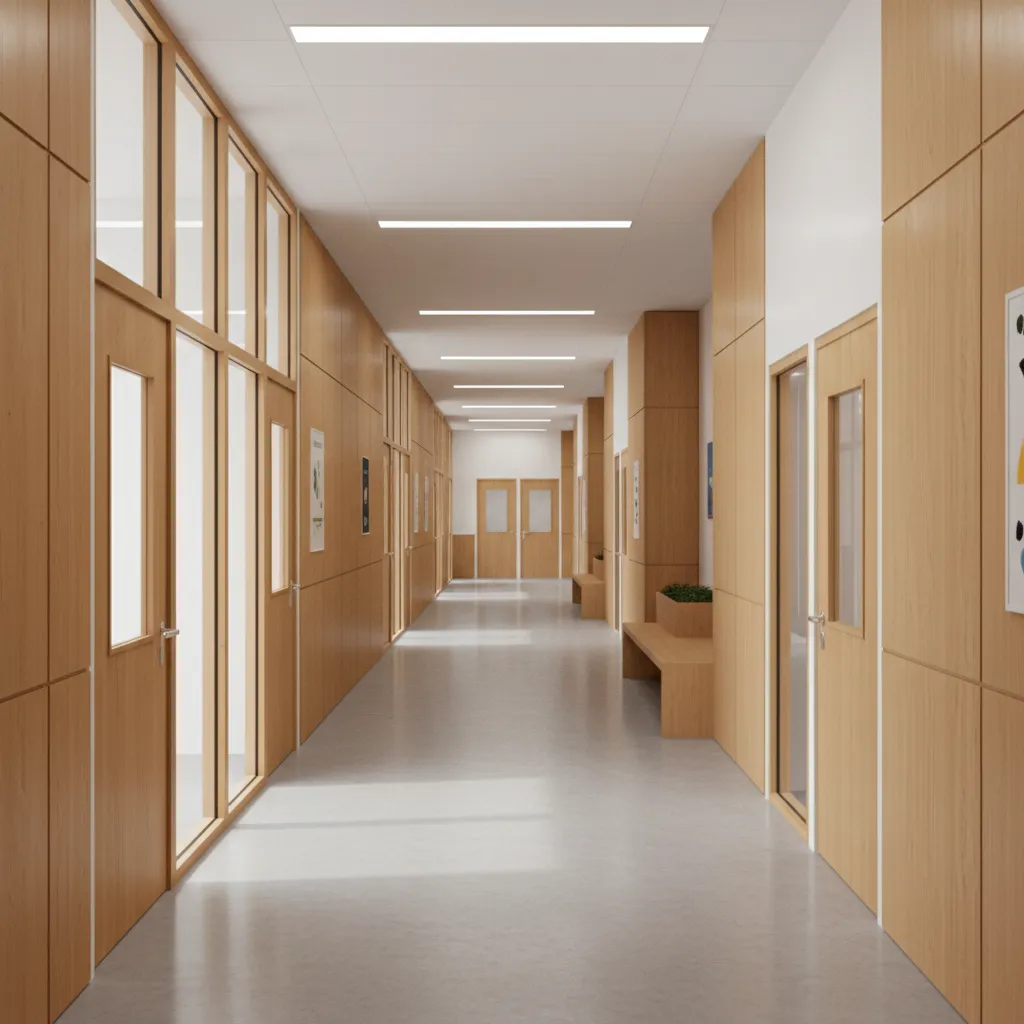 Bright school hallway with long sightlines and classrooms designed for supervision visibility