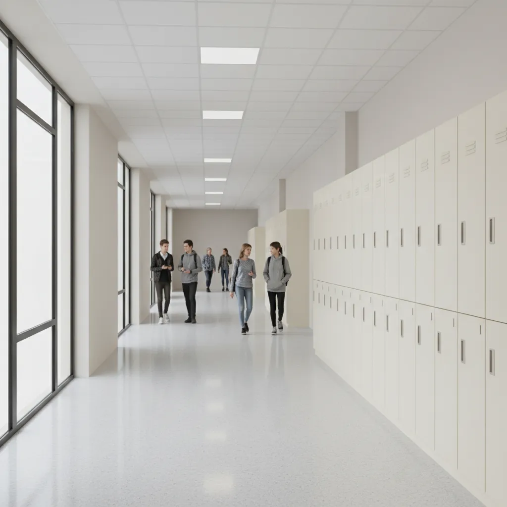 Wide school corridor designed for safe student circulation