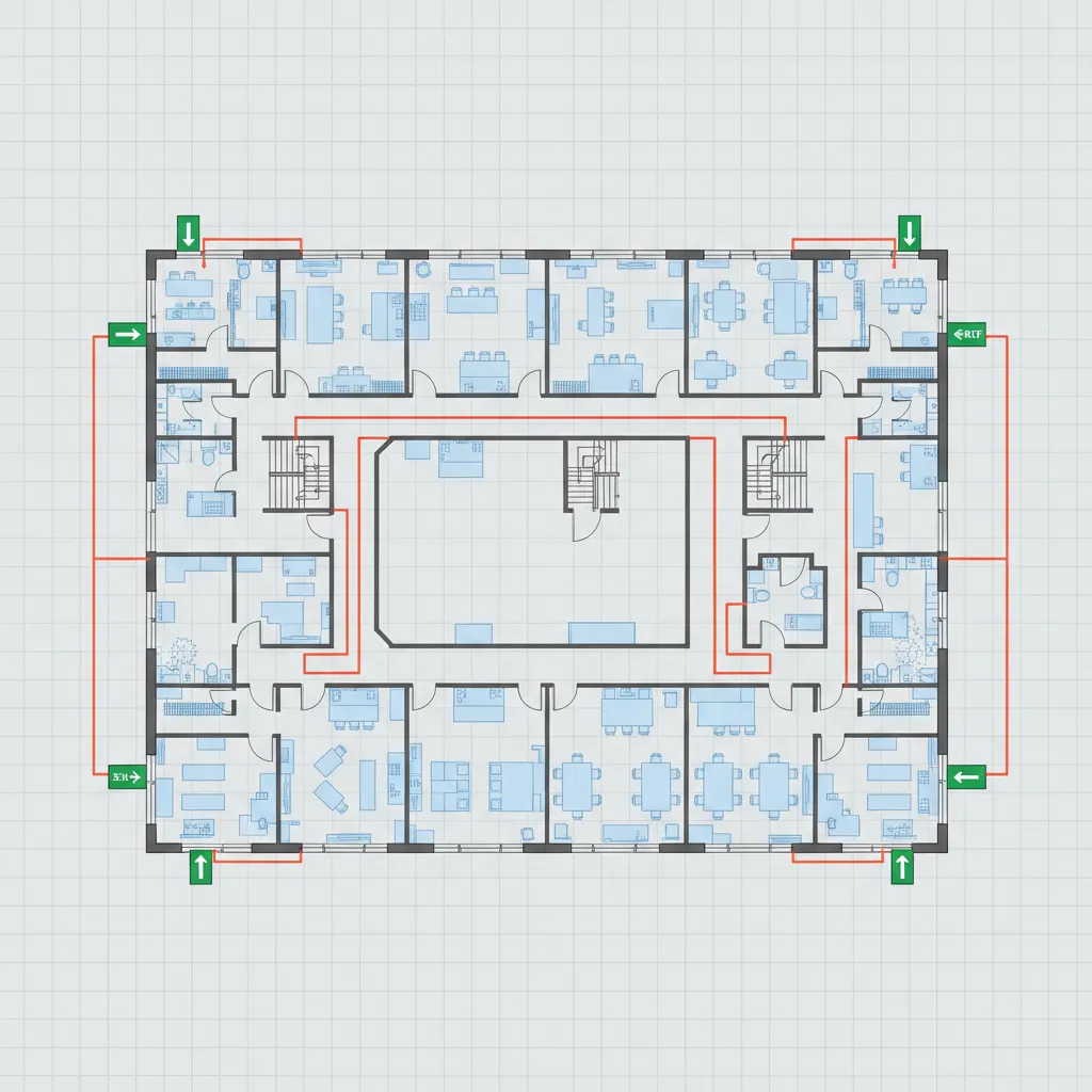 School floor plan diagram highlighting evacuation routes and emergency exit placement