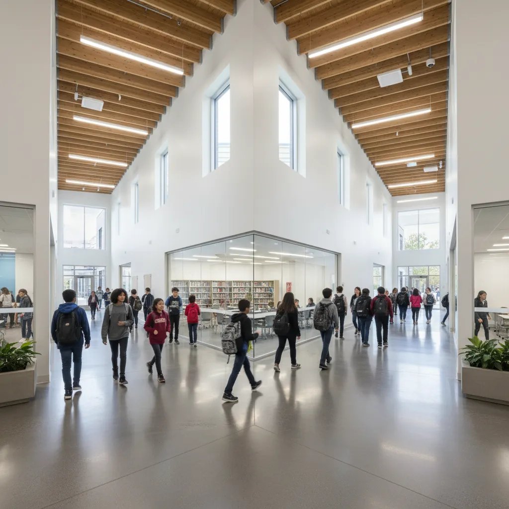 busy school hallway intersection showing student traffic flow