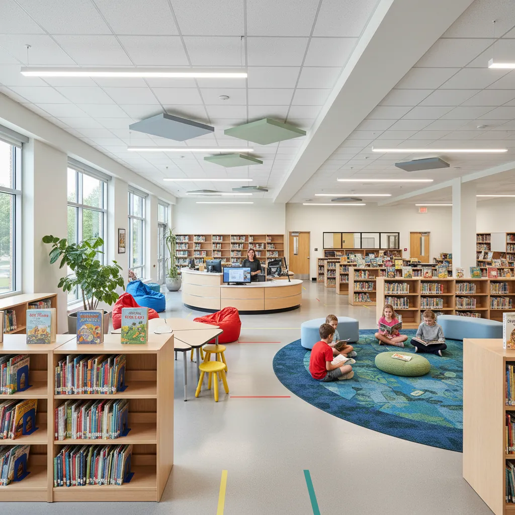Elementary school library layout with flexible seating low bookshelves and central librarian desk