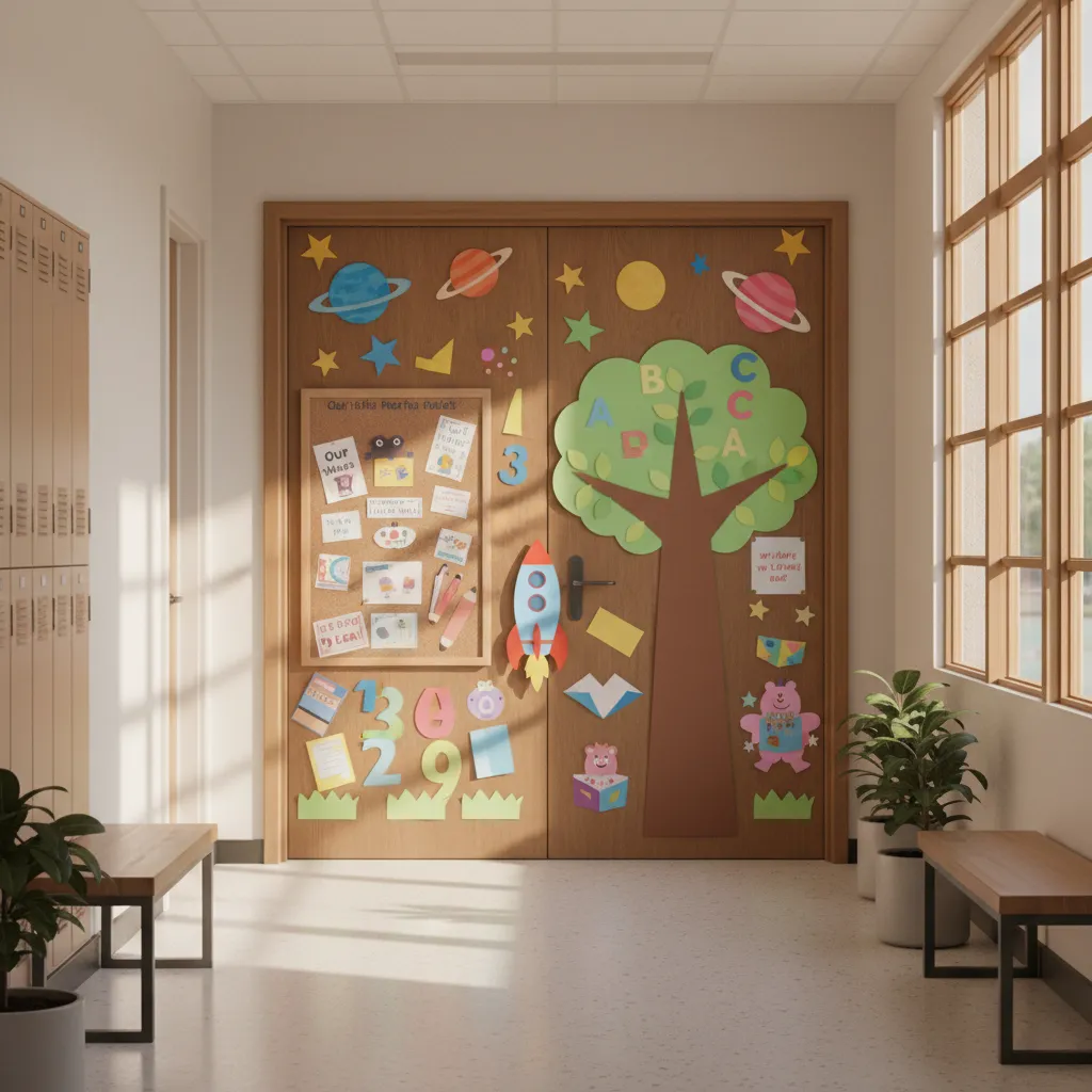 Colorful school office door decoration with educational theme