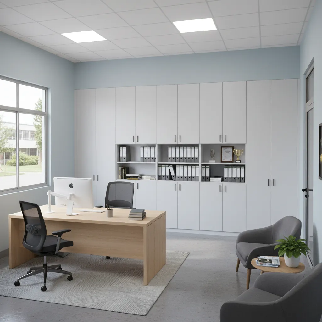 School office layout showing desk zone visitor seating and storage area