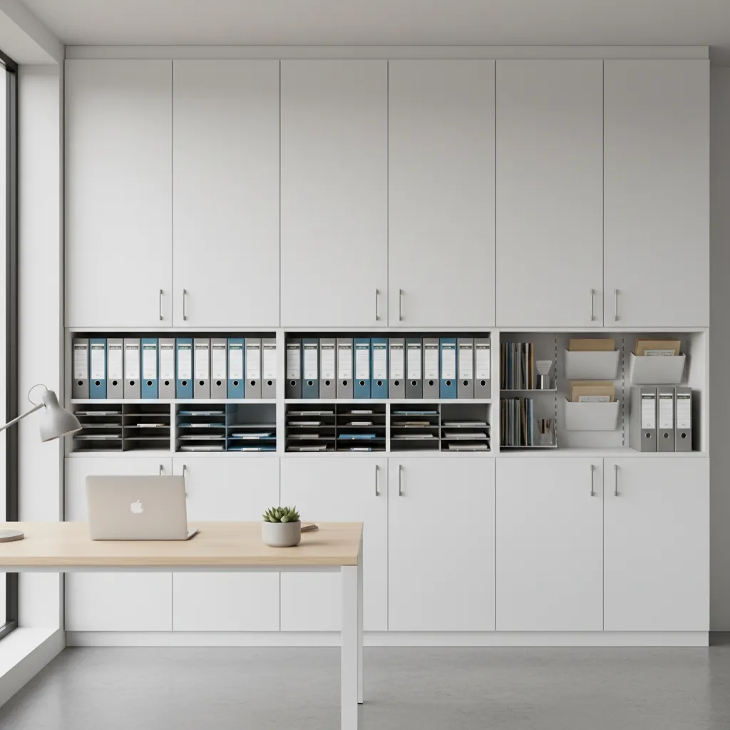 School office storage cabinets and wall organizers for paperwork