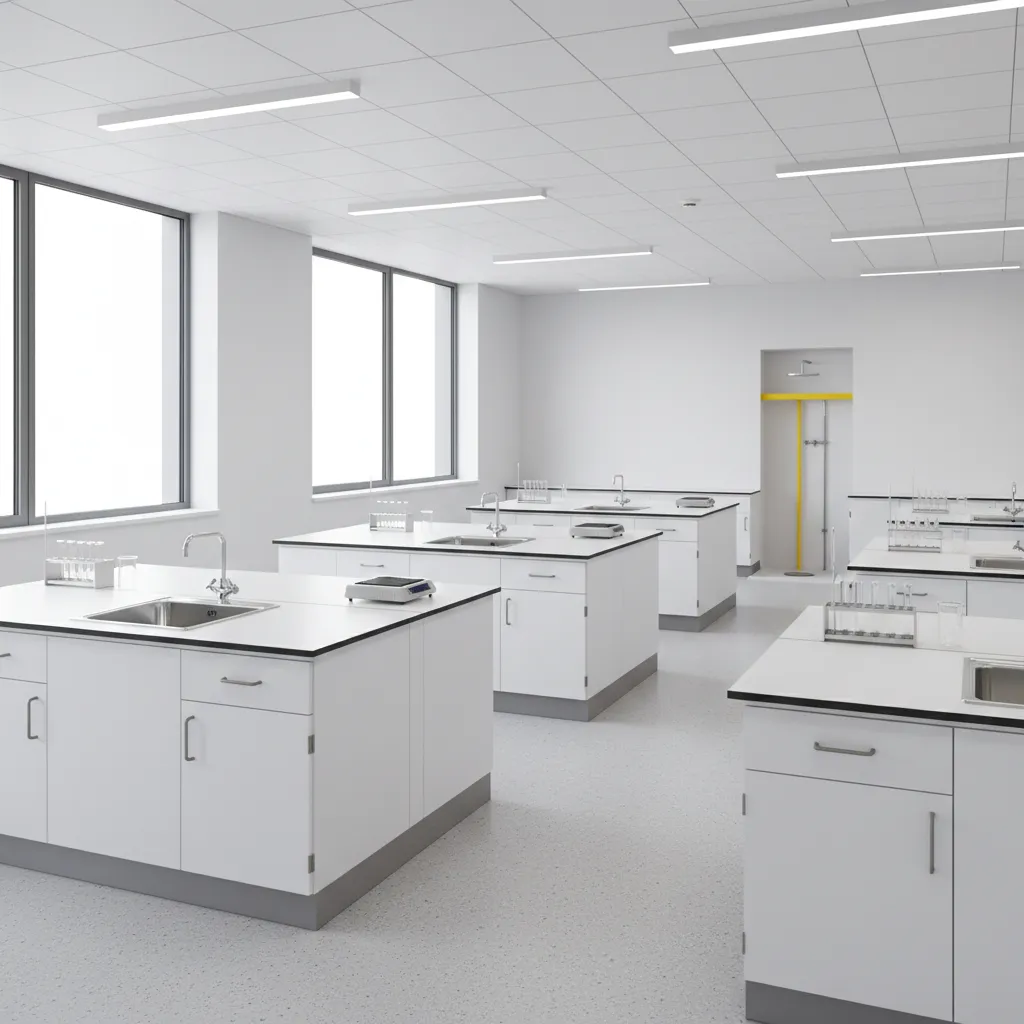 Modern school science laboratory with lab stations and safety equipment