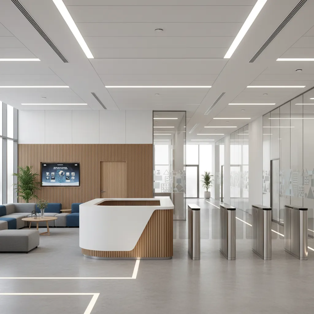 School entrance lobby with controlled access and security zoning design