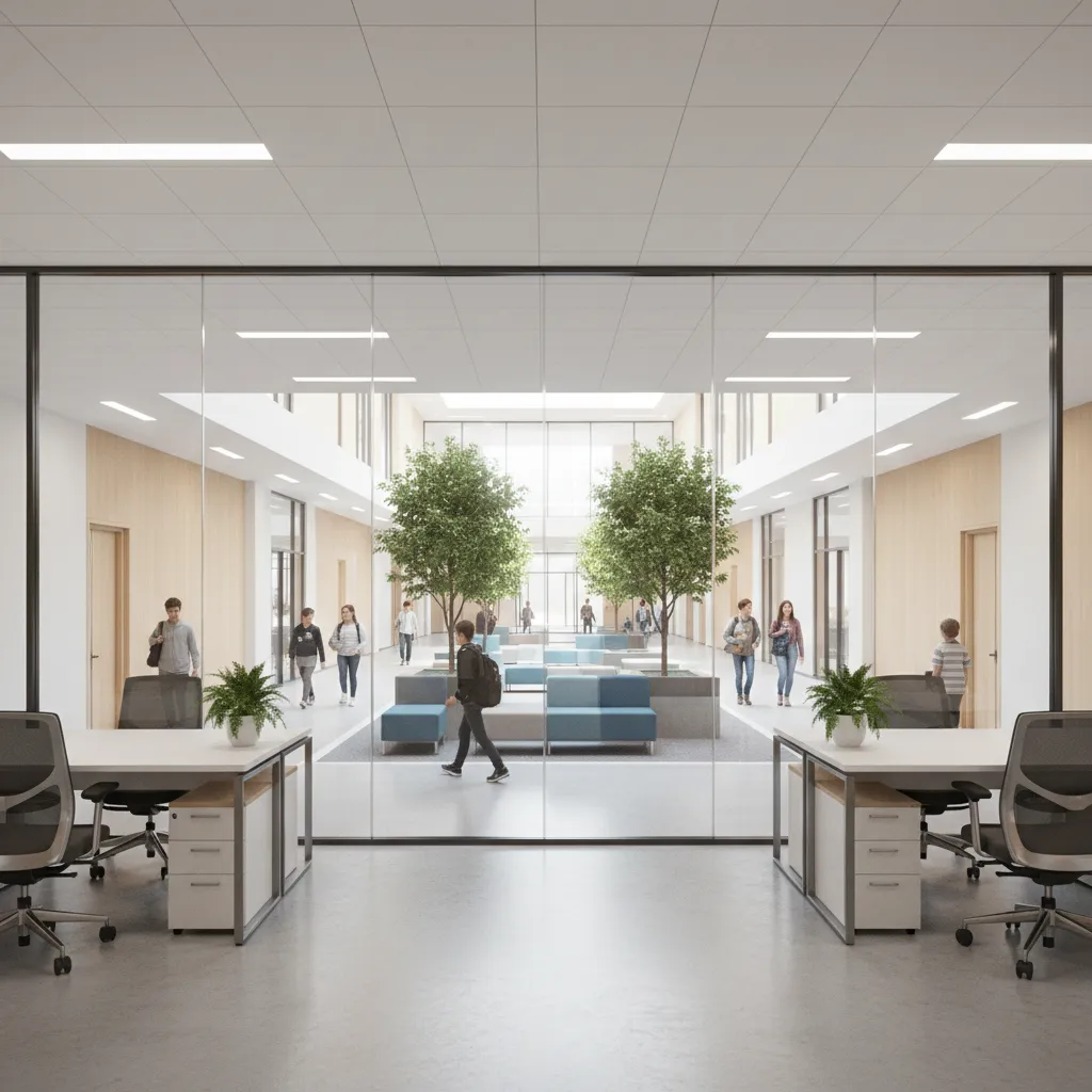 School interior layout showing open visibility from staff offices into corridors