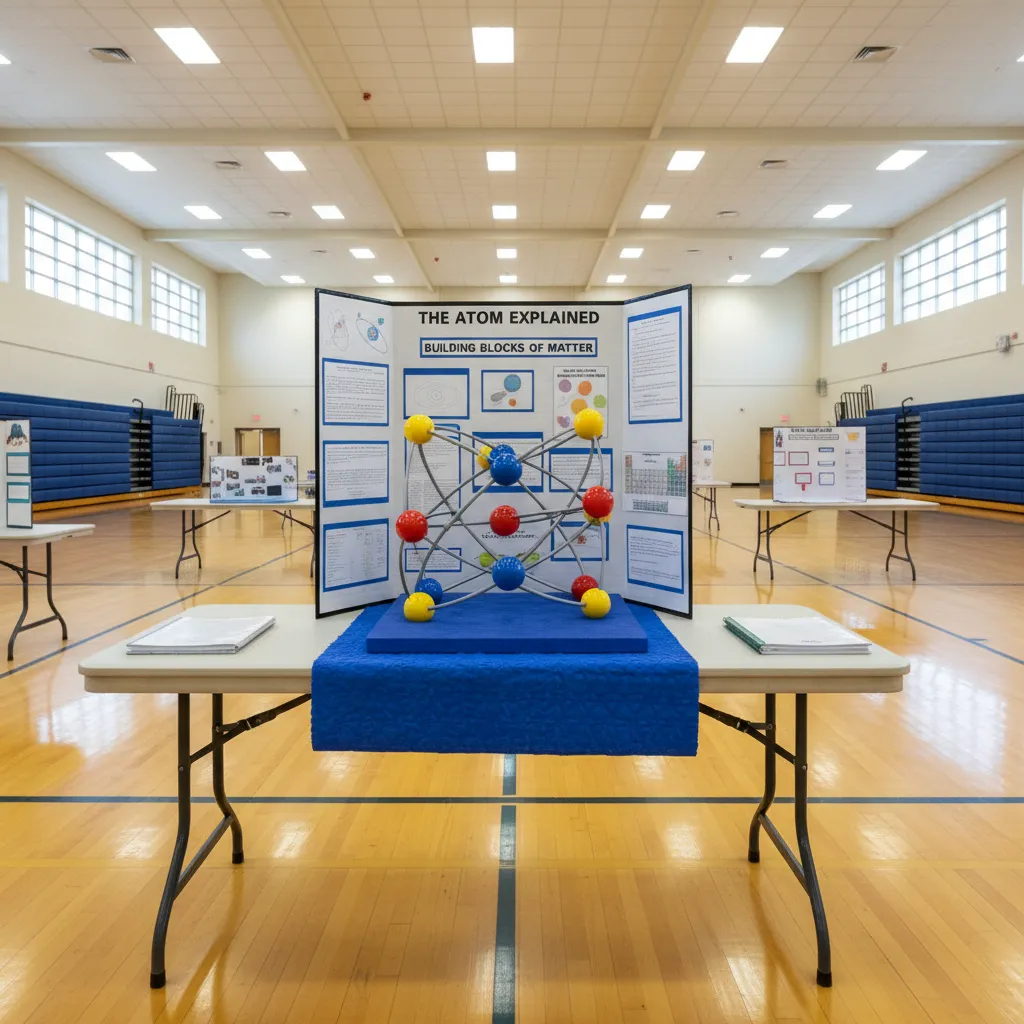 Stable science fair table display with a 3D atom model secured on a wide base