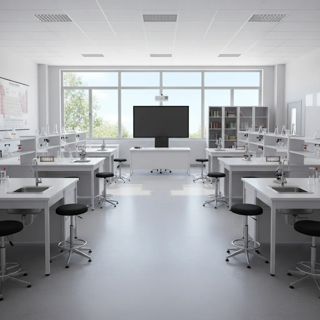 wide view of a modern school science lab with organized lab benches