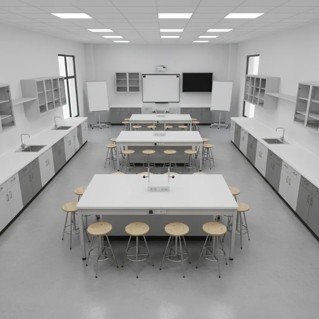 science lab island workstation layout showing student collaboration areas