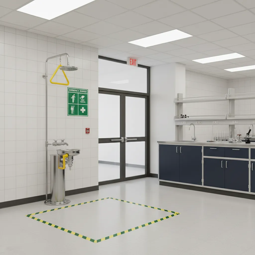 science laboratory safety zone with eyewash station and emergency shower