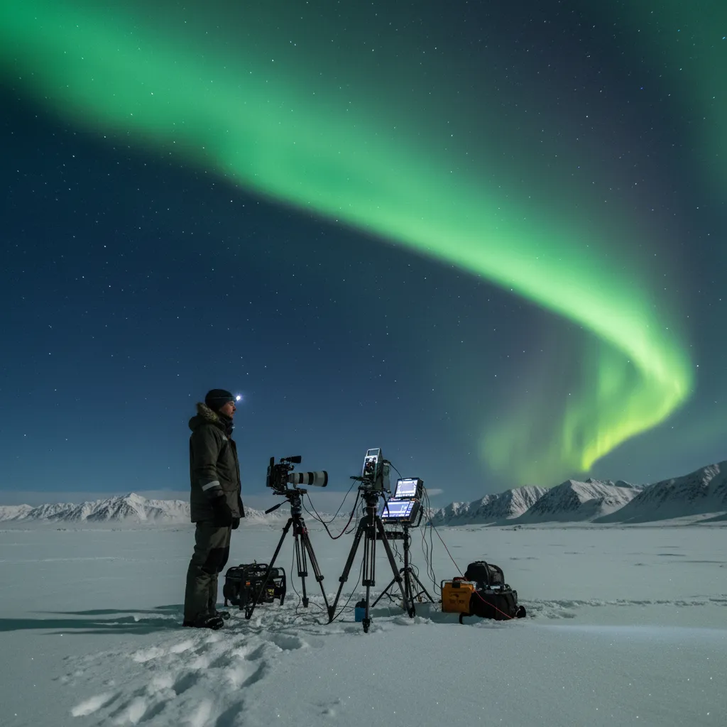 Scientist observing aurora borealis in Arctic research environment