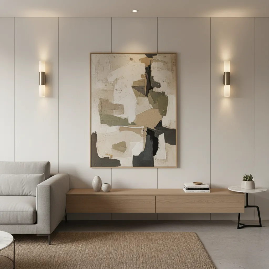Modern interior wall with sconces used as focal points beside artwork