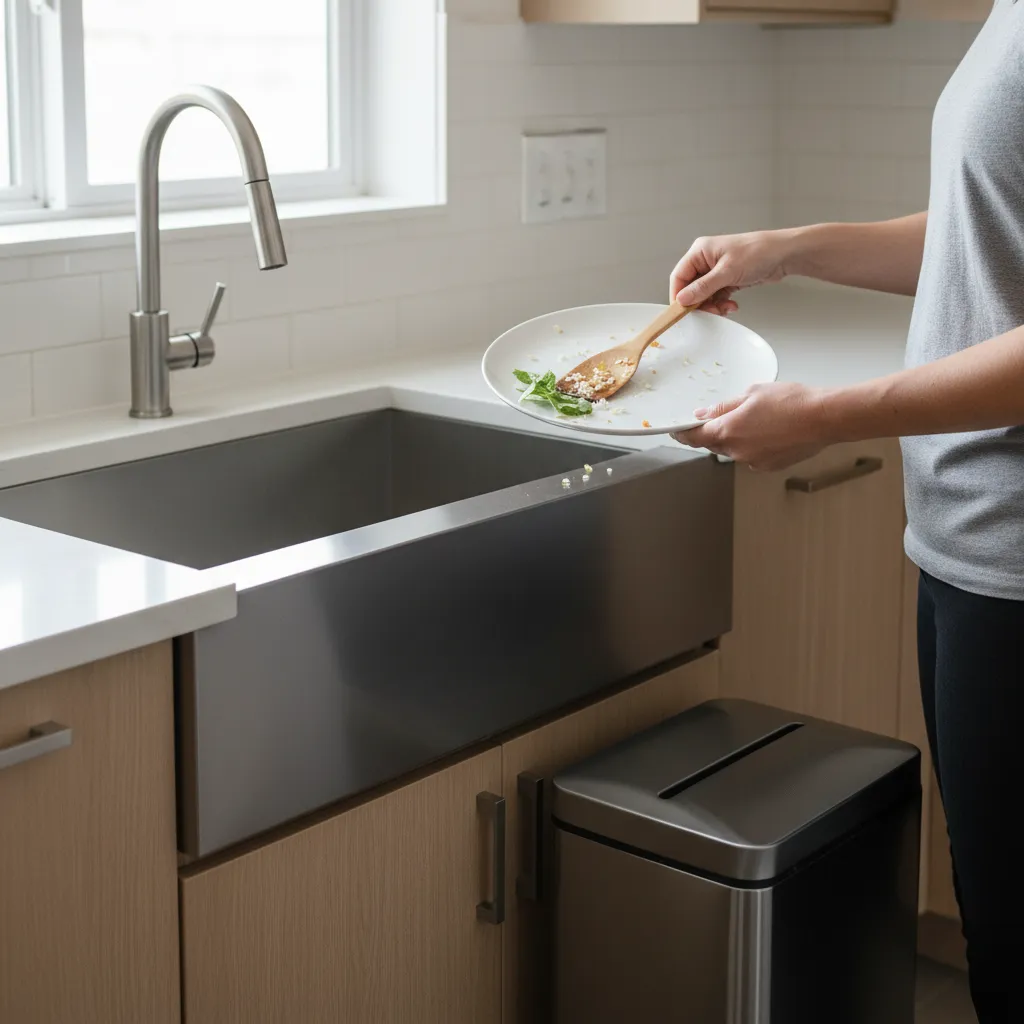 Person scraping food scraps into trash before rinsing dishes at kitchen sink