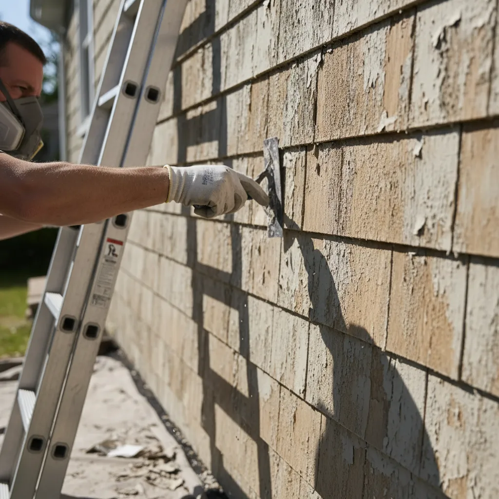 Contractor scraping peeling paint from wooden exterior siding