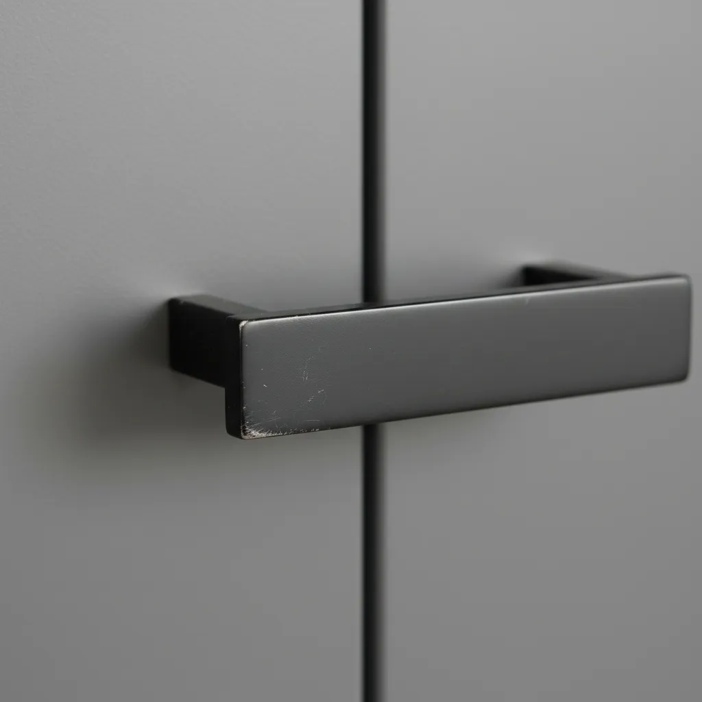 close-up of scratched matte black cabinet handle showing finish wear