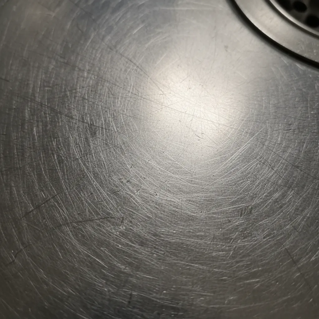 Scratches on stainless steel sink caused by abrasive steel wool cleaning