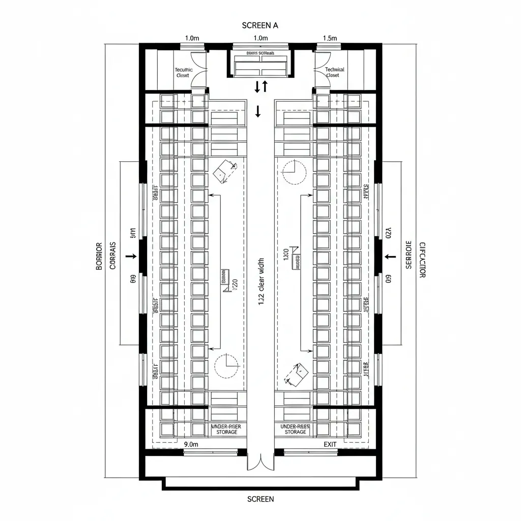 Top-down CAD floor plan of a long narrow auditorium with central aisle