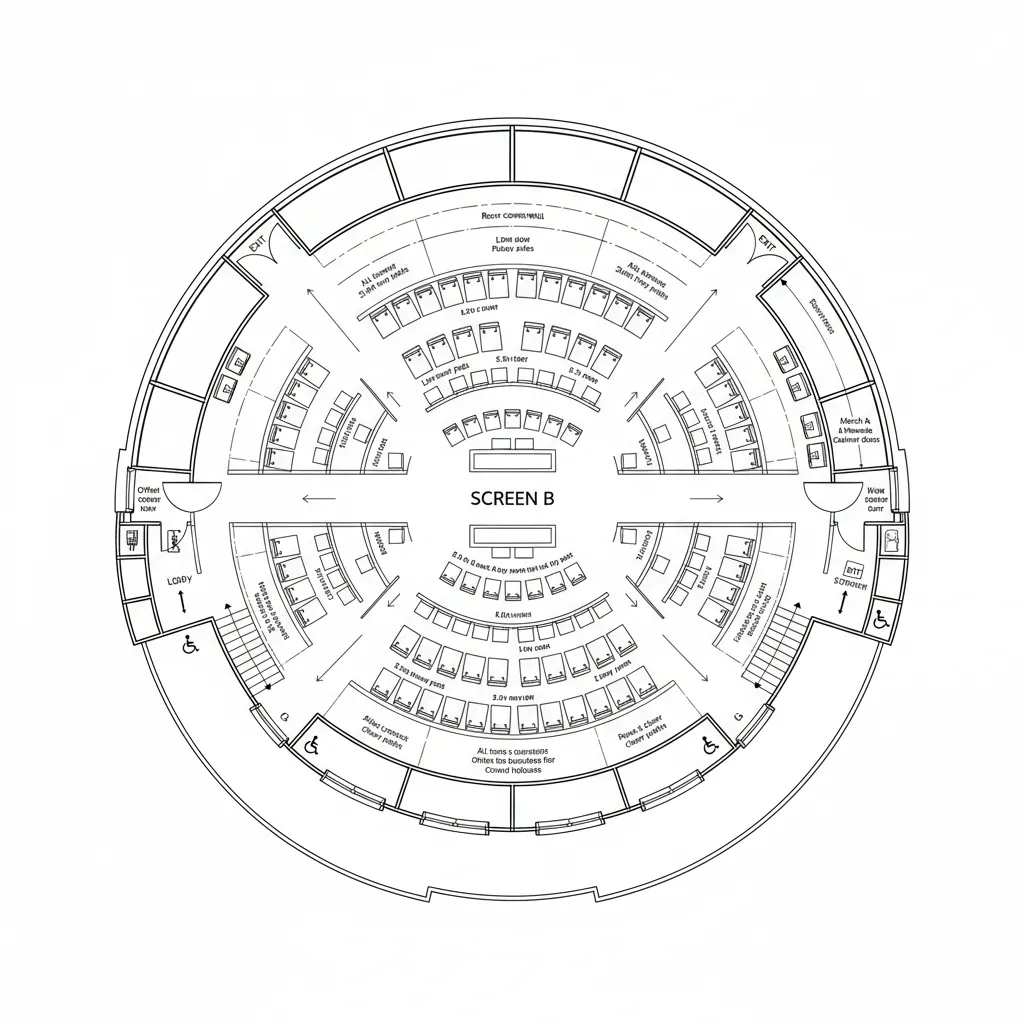 Top-down CAD plan of a compact fan-shaped auditorium with radial aisles