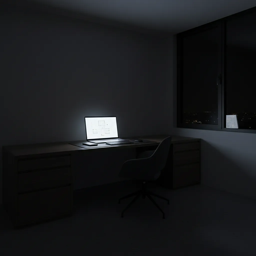 Bright laptop screen in dark room causing visual contrast and eye strain
