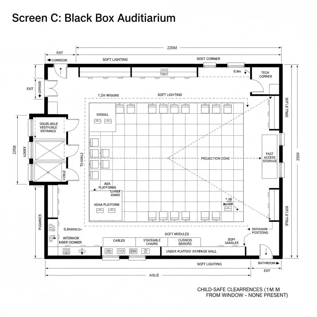 Top-down CAD plan of a flexible black box with modular riser grid and perimeter loop