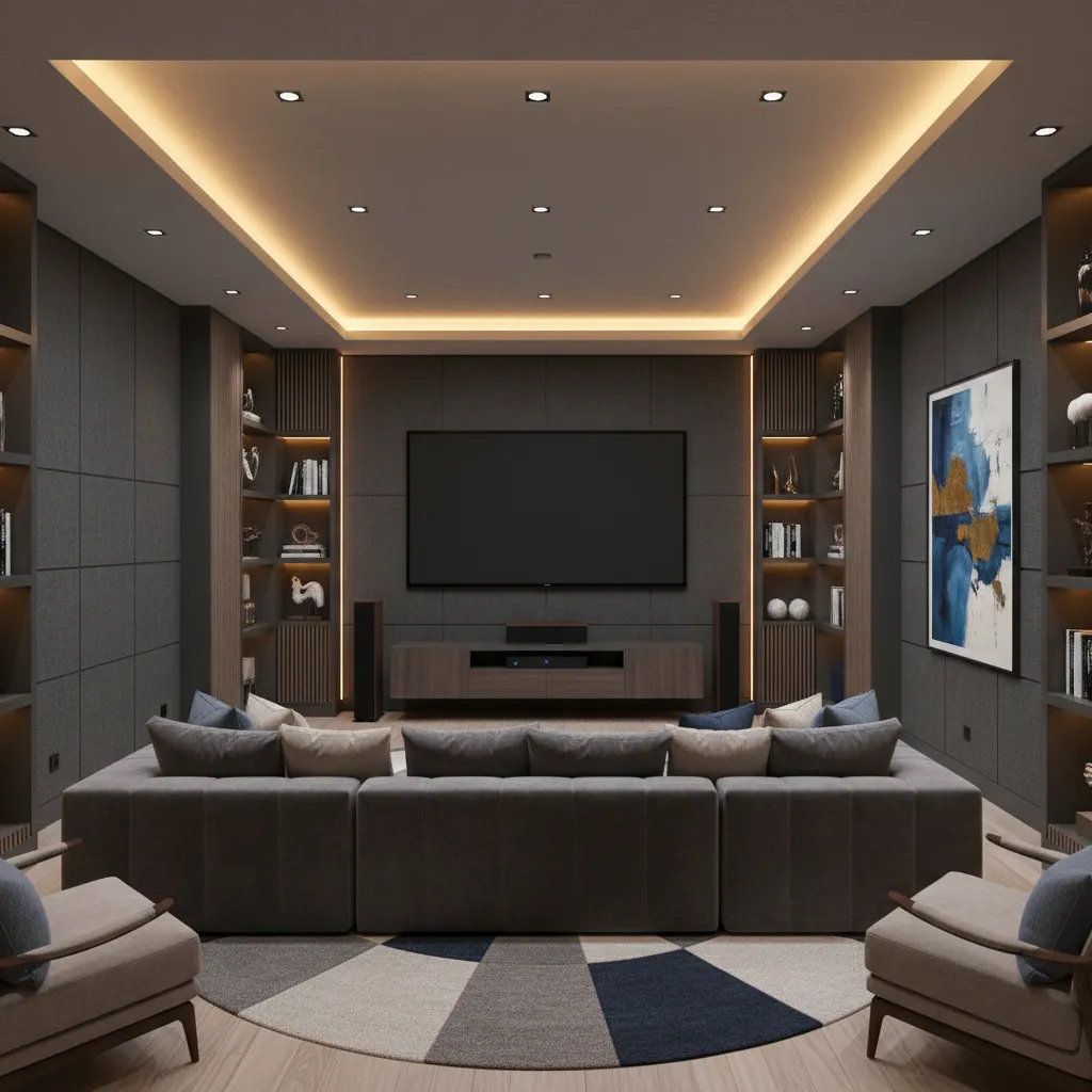 Sala de cine doméstica mostrando la distancia adecuada entre sofá y pantalla grande