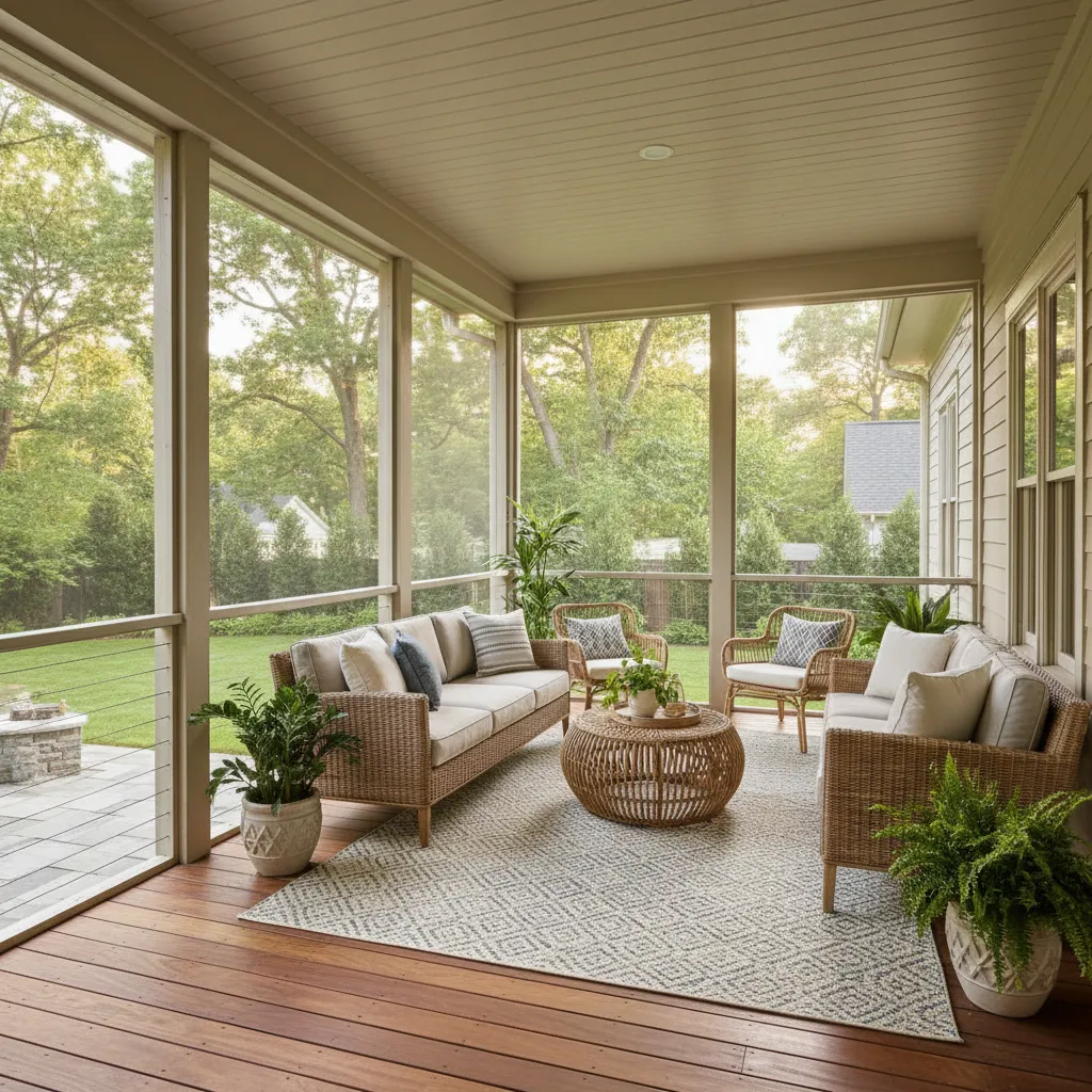 Upper level screened porch with outdoor furniture and natural airflow