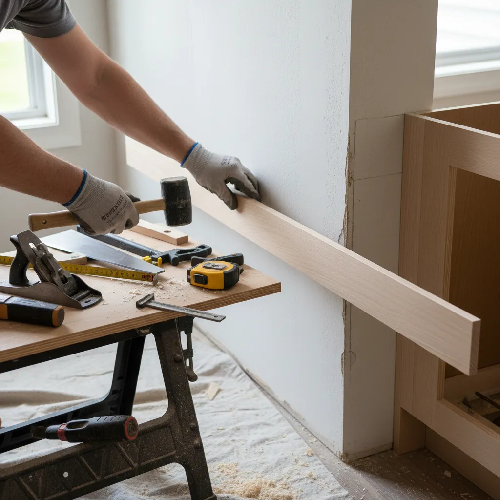 Cabinet filler strip scribed to match uneven wall