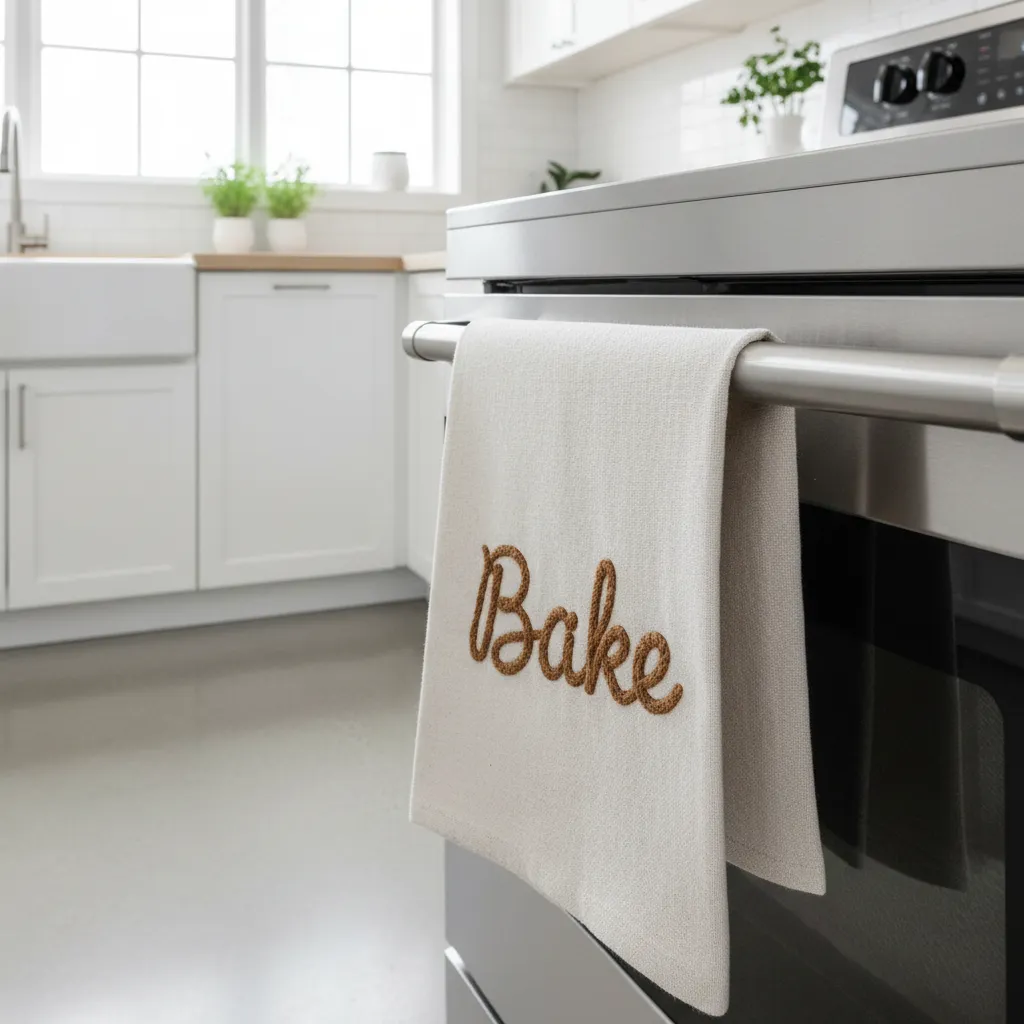 Kitchen towel embroidered with simple script word bake