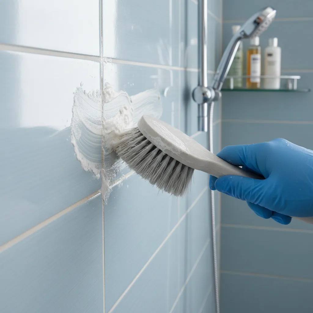 Scrubbing bathroom tile grout with baking soda paste