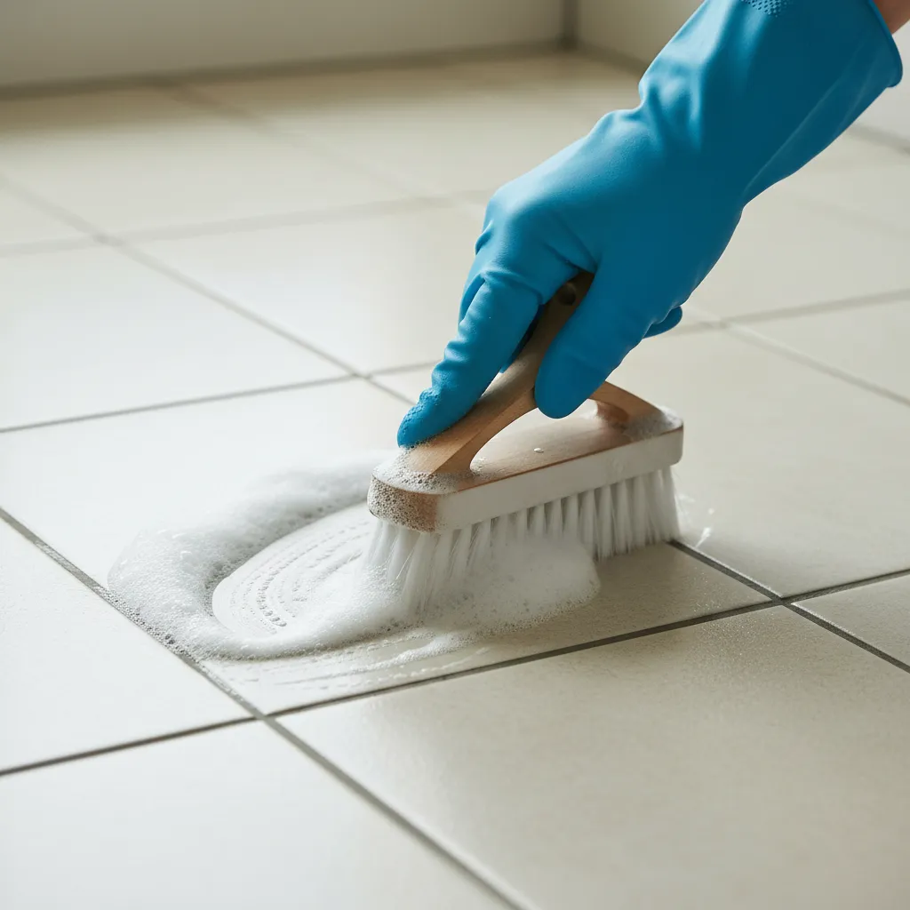 hand scrubbing bathroom tile grout with cleaning brush