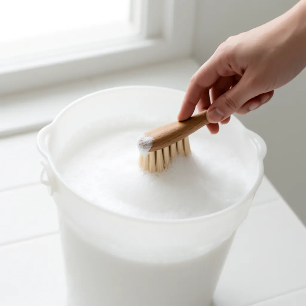 Hand scrubbing inside plastic bucket with brush and baking soda cleaner