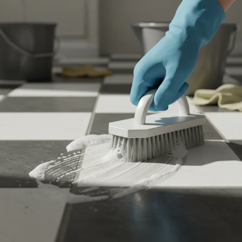 Close up of scrubbing grout lines on a black and white checkerboard tile floor