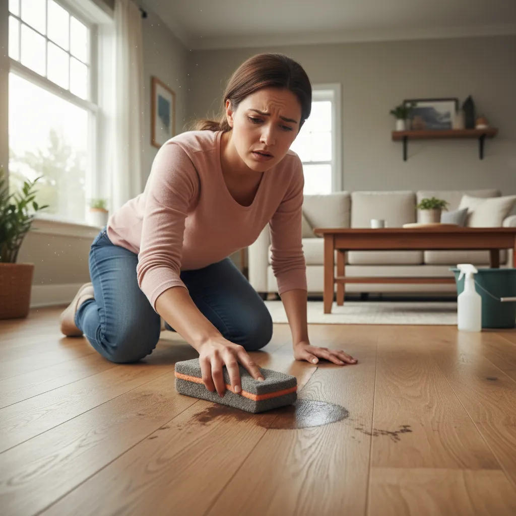 Person scrubbing hardwood floor with abrasive pad causing finish damage risk