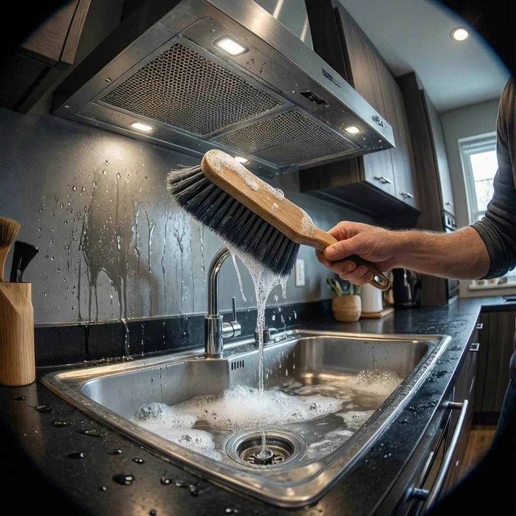 Person scrubbing a kitchen exhaust fan filter with a soft brush