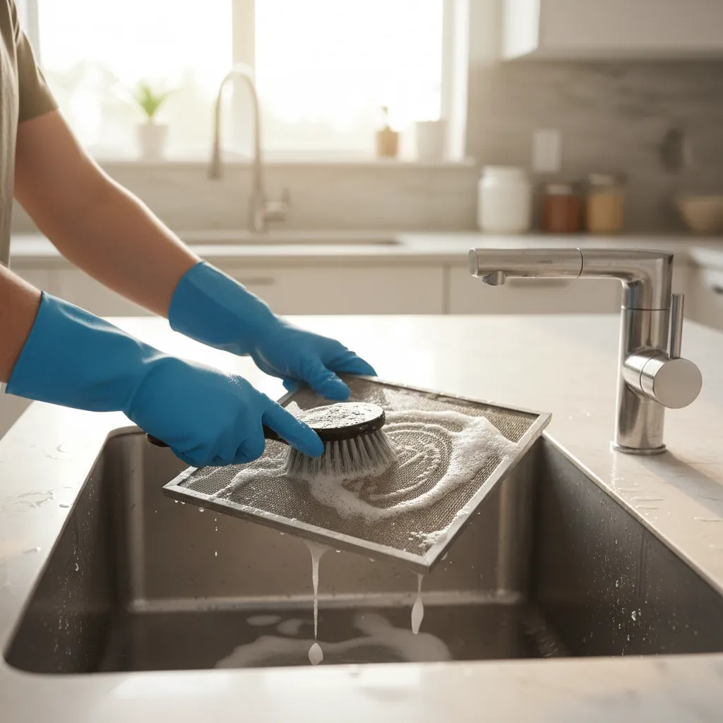 Person scrubbing grease from kitchen exhaust fan filter with brush