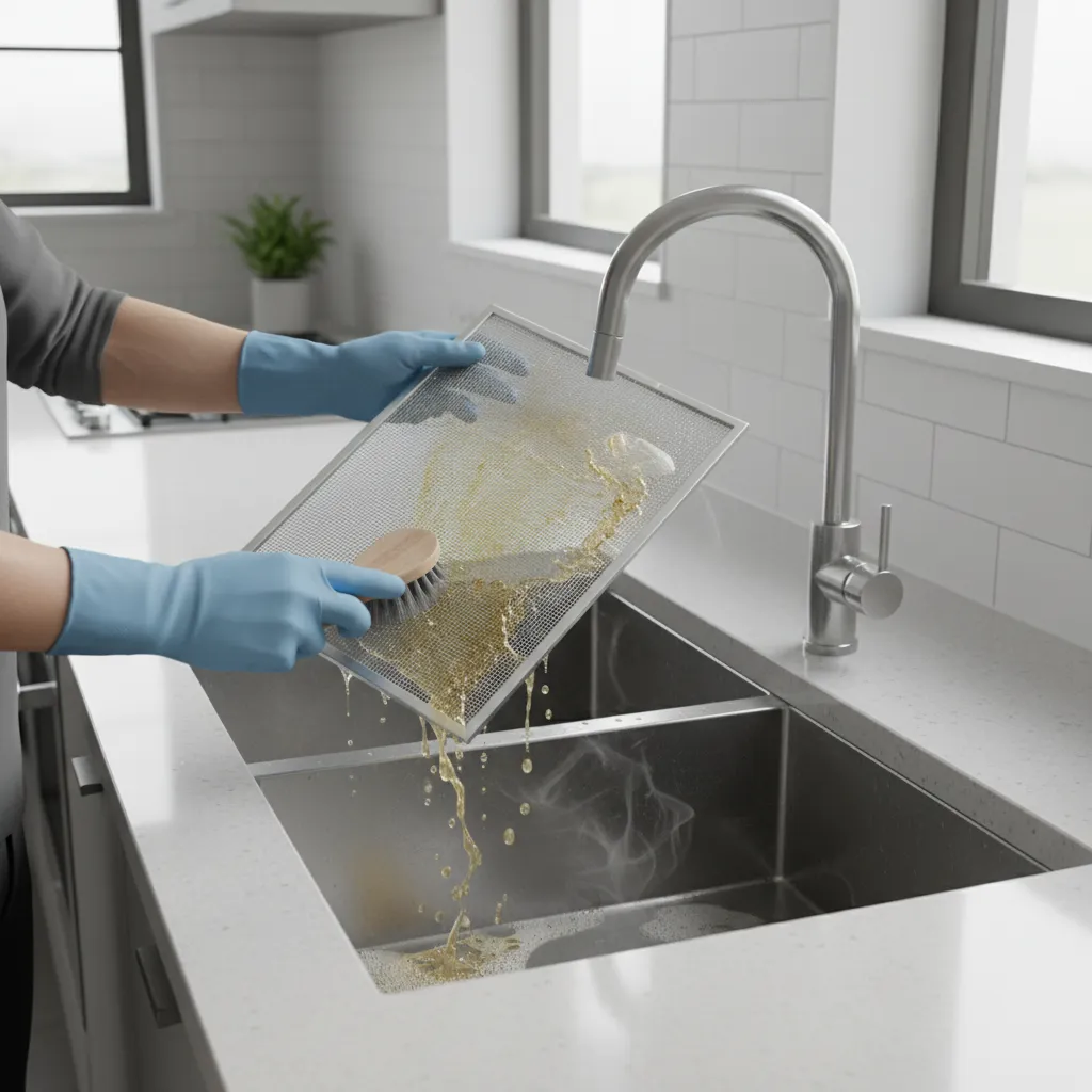 Scrubbing grease from a kitchen exhaust fan filter with brush