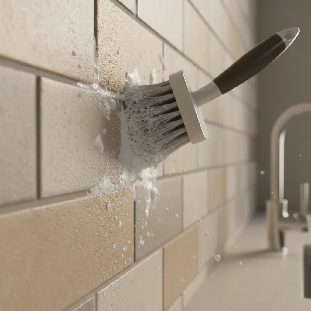 Cleaning grout lines between kitchen tiles with brush